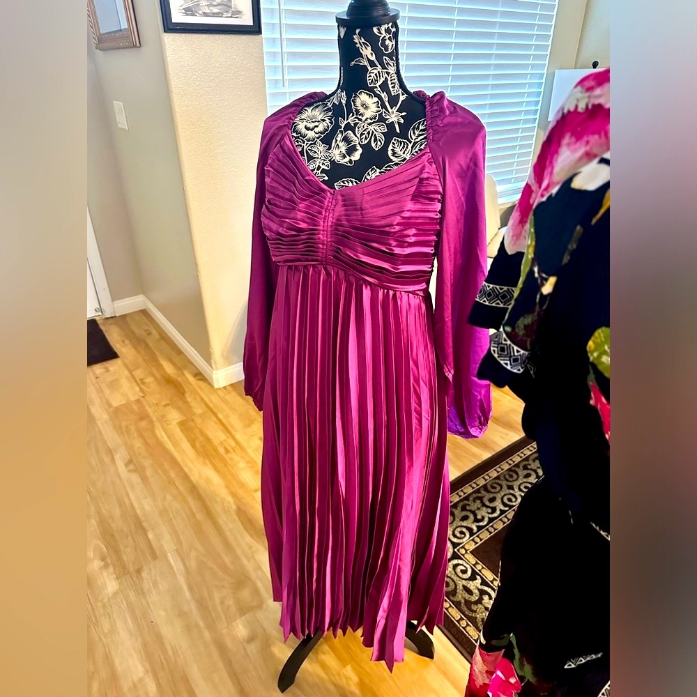 Dark Orchid Satin Bishop Sleeve Dress, Sizes Small - Large